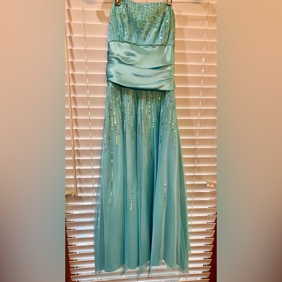 Masquerade Aqua Sequined Strapless MIDI Cocktail Prom Dress Size 3/4 Y2K Vintage - Picture 1 of 8
